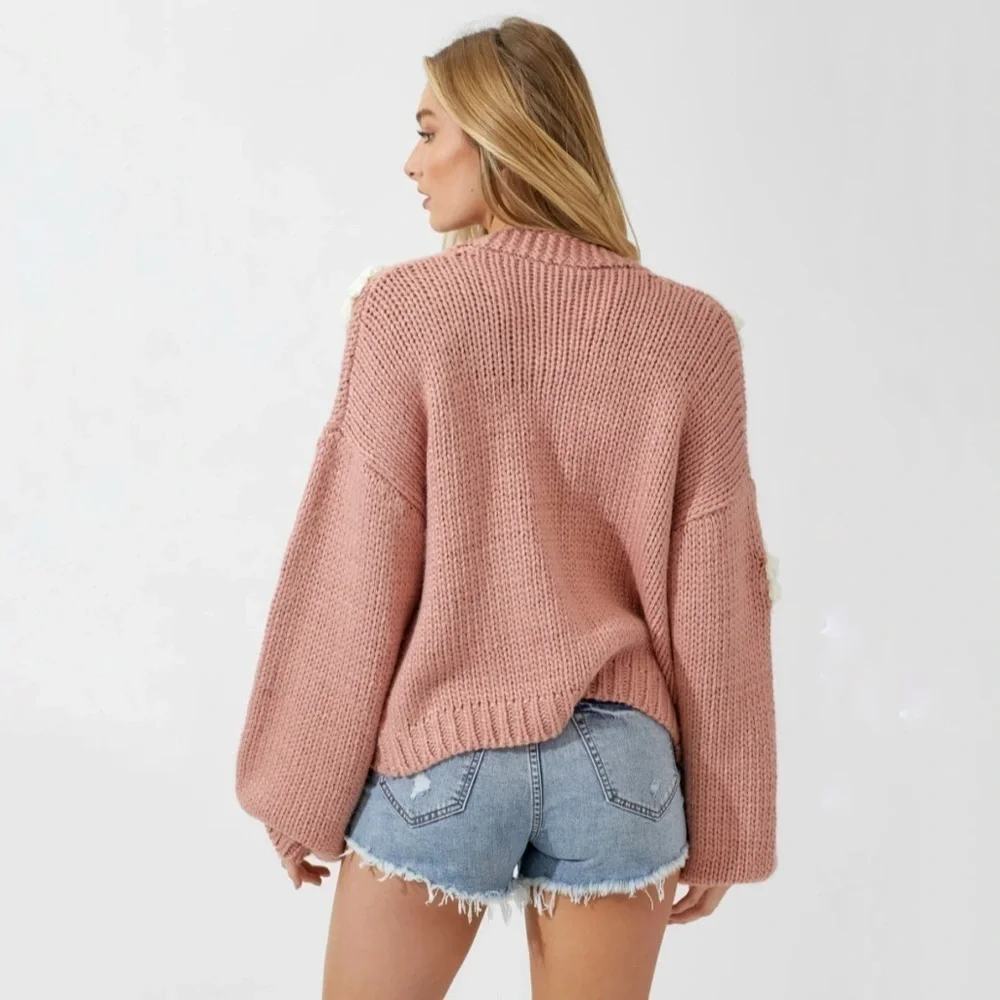 Baevely Daisy Cardigan Open Front Bubble Sleeve Floral Sweater Dusty Mauve Small